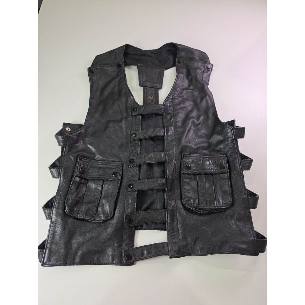 Genuine Leather Tactical Utility Vest Cargo Pockets Side Lace Biker Style VTG